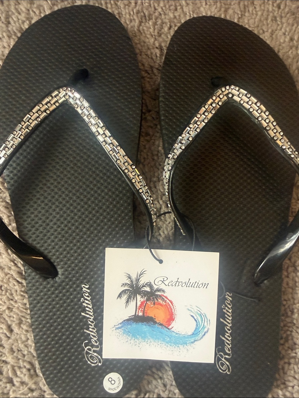 Revolution Black Flip Flops with Silver Jeweled Straps